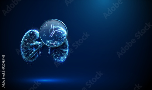 Kidney under a magnifying glass with antibodies inside. Immune response, viral infection, kidney disease detection, nephrology research, health monitoring concept.