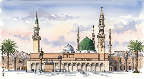 A meticulous, hand-drawn illustration of the Prophet's Mosque, showcasing its architectural details and serene atmosphere.