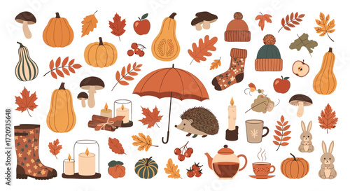 A charming collection of autumn elements including pumpkins gourds leaves and cozy accessories for seasonal decoration.