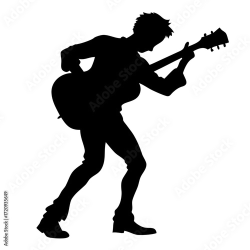 Silhouette of a man playing an electric guitar with passion and energy in a dynamic pose on white background | svg ,png & jpeg on transparent background