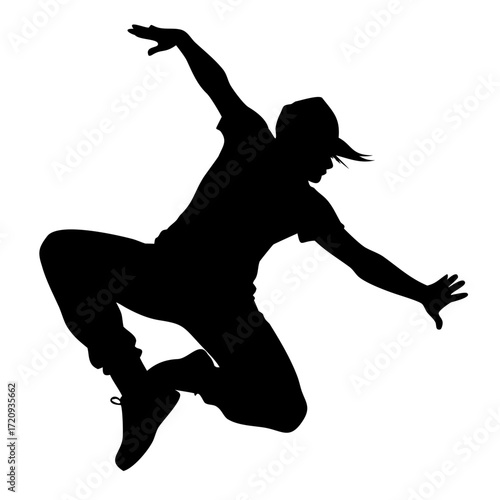 Silhouette of a person with a hat in a dynamic jumping pose against a white background image display | svg ,png & jpeg on transparent background