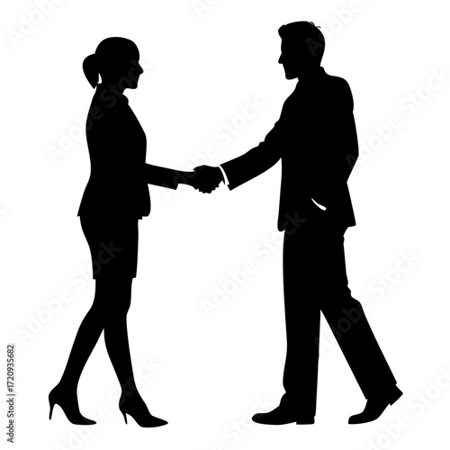 Silhouette of a man and woman shaking hands wearing business attire in a professional setting image | svg ,png & jpeg on transparent background