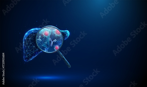 Liver with magnifying glass, red viruses, blue antibodies inside. Viral hepatitis, immune response detection, serological testing, liver disease diagnostics.
