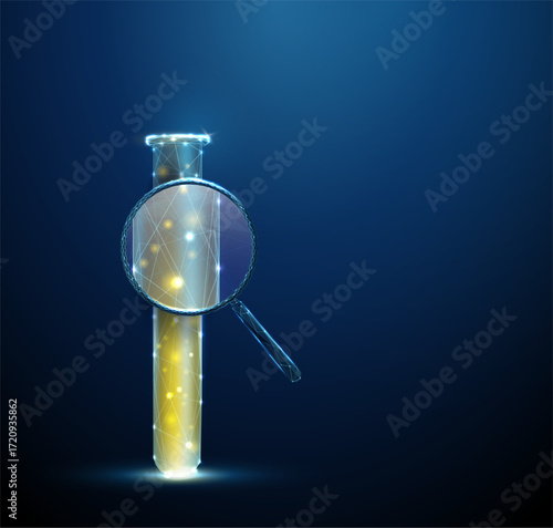 3d test tube with yellow plasma under a magnifying glass. Blood analysis, plasma examination, medical diagnostics, disease detection concept.