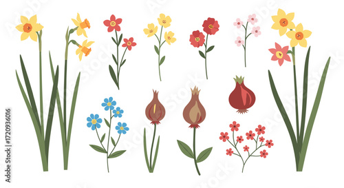 Collection of charming spring flowers and bulbs in pixel art style.