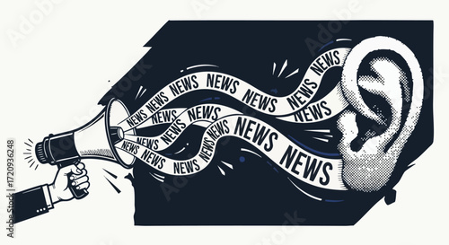 A hand holding a megaphone broadcasting the word "NEWS" into a large ear, symbolizing the spread of information.