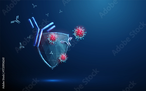 Shield with flying viruses, antibodies around. Protection against infection, immune defense, antiviral therapy,  biotechnology medicine, concept.