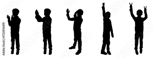 Black silhouette of applauding and cheerful child, set. Vector illustration