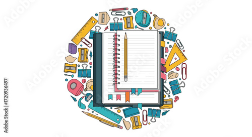 Illustrative composition of educational tools and stationery items arranged in a circular pattern around a notebook.