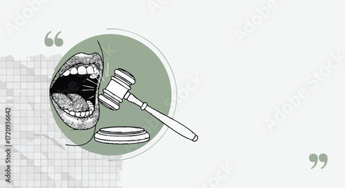 Illustration depicting a mouth with a gavel, symbolizing speech and justice.