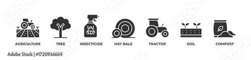 From Soil to Harvest Icons set vector illustration glyph with Agriculture, Tree, Insecticide, Hay bale, Tractor, Soil, Compost