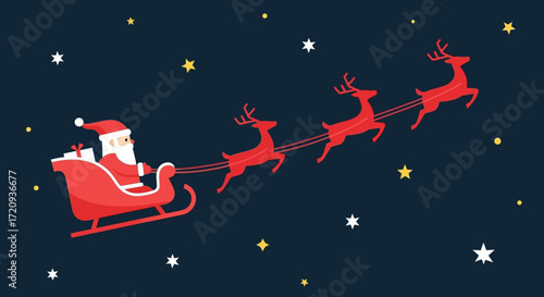 Flat Design Santa Claus Sleigh and Reindeer Christmas Night Illustration