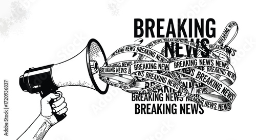 Breaking news concept with megaphone and text ribbon.