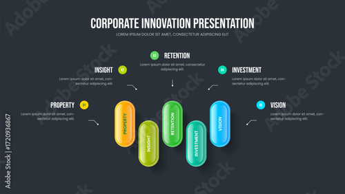 Sales Briefing Presentation Design Vector Illustration. Consulting Launch Five Option Diagram Frame Layout. Advertising Visualization 5 Step Infographic Slide Template.