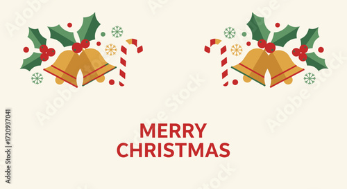 Festive Flat Design Merry Christmas Decoration With Bells and Candy Canes