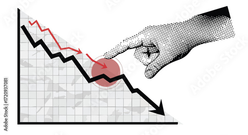 A hand pointing to a critical point on a downward trending line graph, symbolizing economic recession, crisis, and financial decline.