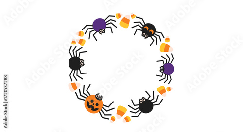 A whimsical round Halloween wreath adorned with playful spiders and festive candy corn for a delightful seasonal decoration.