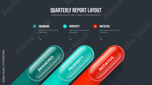 Marketing Analysis Slide Template Vector Illustration. Visual Planning Three Step Infographic Slideshow Design. Enterprise Showcase 3 Element Diagram Frame Layout.