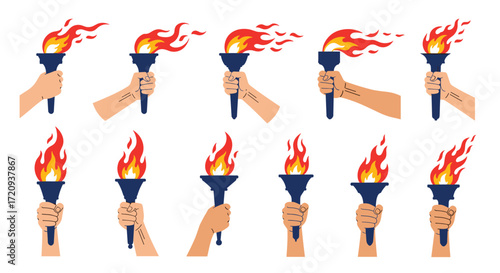 A collection of diverse hands holding flaming torches in various positions and angles.