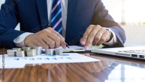 Businessman Analyzing Financial Charts with Stacks of Coins