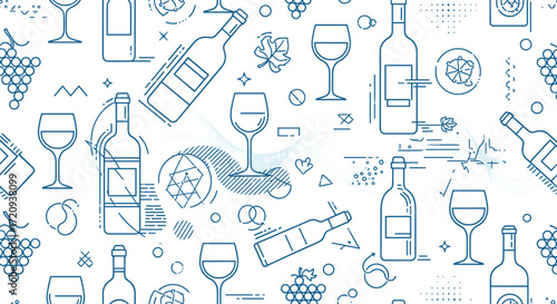 A collection of wine bottles and glasses with grapes and leaves scattered across a white background.