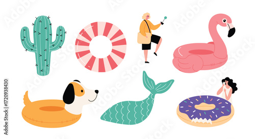 A colorful collection of inflatable pool floats and beach accessories for summer fun.