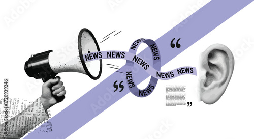 Conceptual illustration of news and communication, with a megaphone broadcasting information that flows into a listening ear, symbolizing media and propaganda.