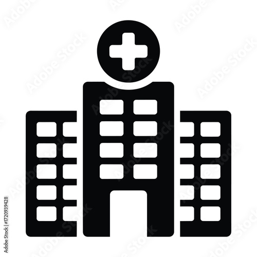 Illustration of a hospital building with a cross on top, represents healthcare, medicine, and the medical services provided to patients