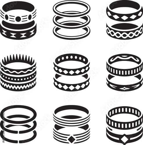 jewelry, bracelet, bangle, wristband, icon, set, glyph, fashion, accessory, armlet, , lifestyle, modern, traditional, ethnic, tribal, pattern, collection, style