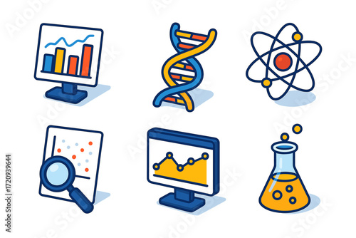 isometric science data icons , dna helix, atom model, research report, monitor line chart, laboratory flask, analysis screen
