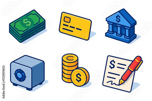isometric finance and banking icons ,cash, credit card, bank building, safe, coins, contract