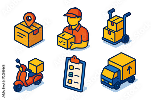  isometric delivery and tracking icons , box with pin, courier holding parcel, hand truck, scooter, checklist, truck