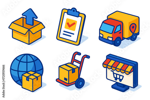  isometric ecommerce logistics icons , upload box, checklist, delivery truck, globe boxes, hand truck, storefront