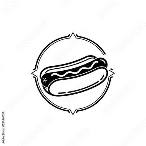 A black and white illustration of a hot dog in a bun with mustard, enclosed in a circular frame with compass-like markings.