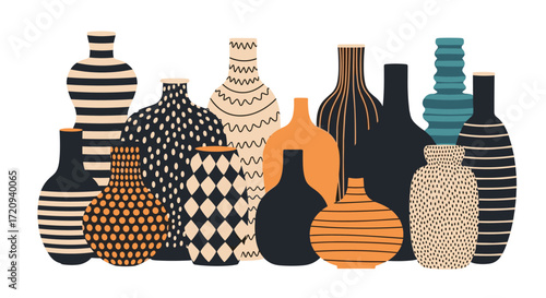 A collection of decorative vases with diverse patterns and shapes.