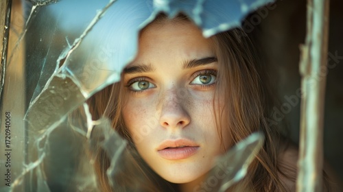 Portrait of young woman with green eyes looking through broken glass window with soft natural light