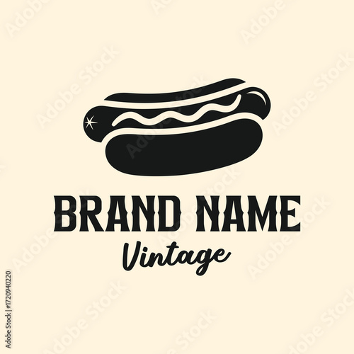 Vintage-style black hot dog logo with 'BRAND NAME Vintage' text on a light beige background, suitable for a food business.