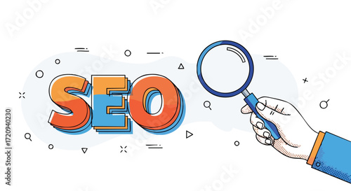 A hand holding a magnifying glass over the letters "SEO" in a stylized font, representing search engine optimization.