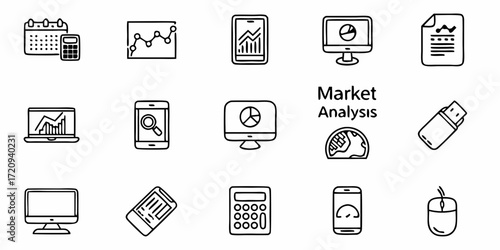 Modern market analysis icons illustrating data trends, financial reports, and business analytics for commercial use and presentations.