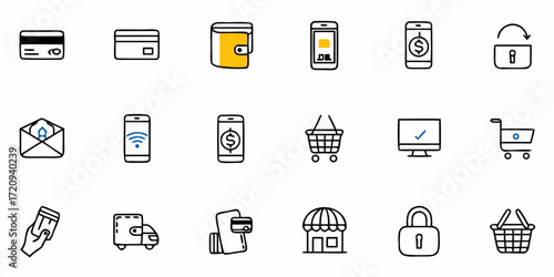 Modern ecommerce icons representing online shopping, secure transactions, payment methods, and digital wallets for business needs
