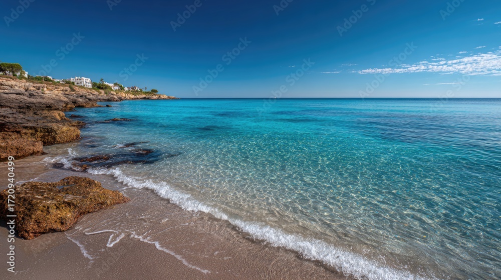 Obraz premium A beautiful and peaceful beach scene. The turquoise water is crystal clear, revealing the sandy bottom. Waves gently crash against the shore. The beach has light-colored sand and small rocks. To the r