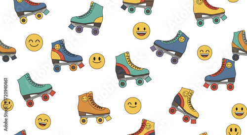 A playful pattern of retro roller skates and smiling emojis on a white background.