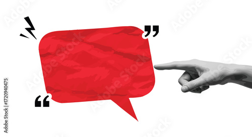 A hand pointing at a red speech bubble with quotation marks, representing a statement.