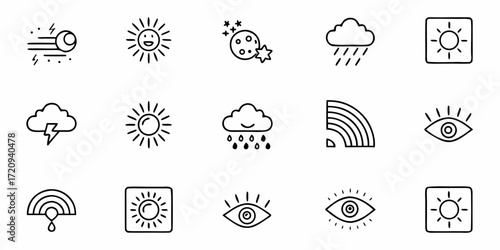 Hand-drawn weather symbols and eye icons for creative design projects, conveying moods and concepts with unique style