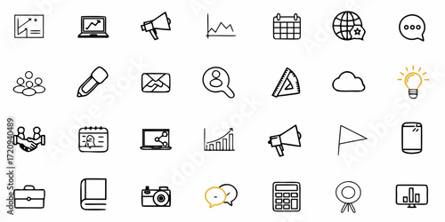 Business and marketing icons showcasing growth, communication, planning, teamwork, and innovation for modern design and digital strategy