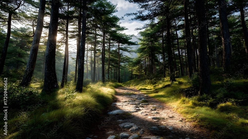 Obraz premium A stone path winds through a sun d d pine forest evoking a sense of peaceful adventure and natural beauty