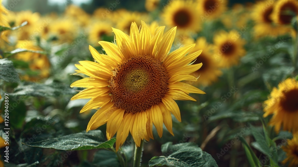 Fototapeta premium A prominent sunflower stands in the center of the image. This sunflower has bright yellow petals and distinct dark brown stamens. The stems and leaves are bright green.