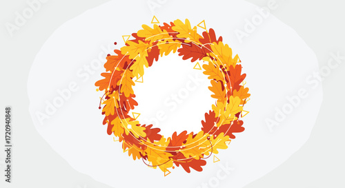A circular wreath made of autumnal oak leaves in shades of orange yellow and red.