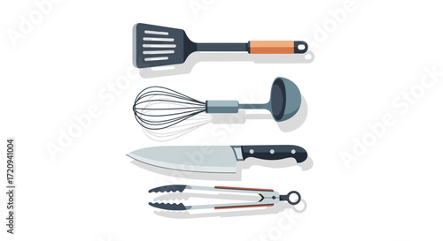 Kitchen utensils: spatula, whisk, knife, and tongs on white background.