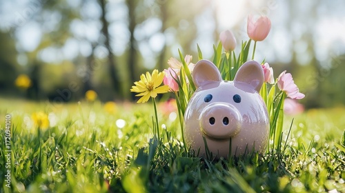 Fototapeta Naklejka Na Ścianę i Meble -  A pink piggy bank with flowers and grass around it in a sunny, green outdoor setting.